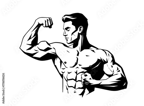 A striking black and white vector illustration captures a muscular bodybuilder in profile, tensing his bicep in a powerful, chiseled display of strength.
