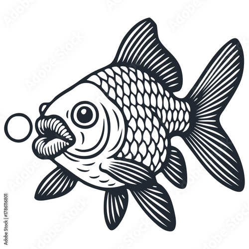 A surreal goldfish with large, plump human lips blowing a bubble. Bizarre vector illustration in a classic black and white tattoo or woodcut art style.