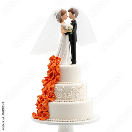Elegant wedding cake topper featuring a bride and groom kissing with cascading orange flowers