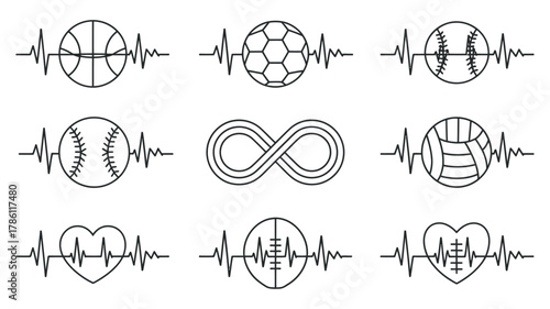 Sports Heartbeat. EKG Line with Game Balls Illustrating Passion for Sports and Fitness.