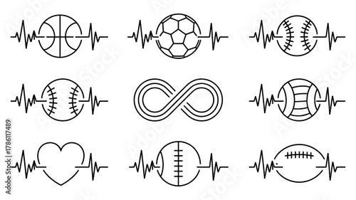 Heartbeat Sports Vector Illustration with EKG Line and Various Game Ball Icons.