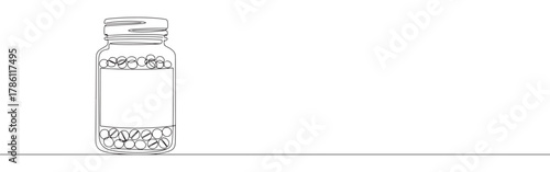 Continuous one line drawing of a pill bottle with pills inside. Concept of medicine, pharmacy and healthcare