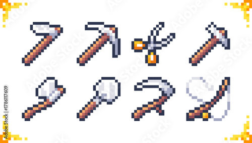 A set of pixel art icons of handicraft and fishing tools. 16 x 16 pixels.