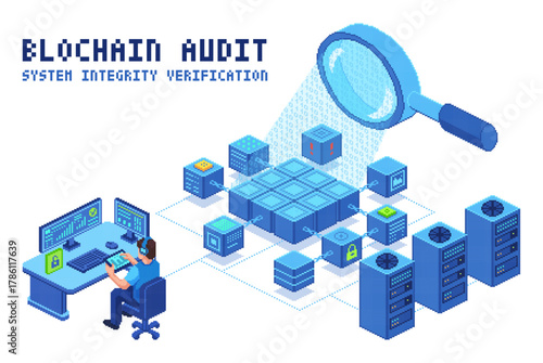 Isometric pixel art vector illustration of blockchain audit system with nodes, encryption, and data verification. Ideal for crypto security, compliance, and decentralized infrastructure visuals