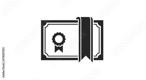 Black and white icon of a certificate with a ribbon and a rosette award symbol representing achievement and recognition