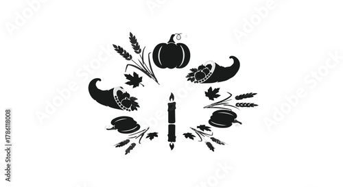 Harvest symbols arranged in a circular decorative pattern with a candle in the center.