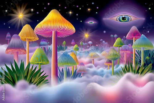 Surreal dreamscape with vibrant psychedelic mushrooms and cosmic eye