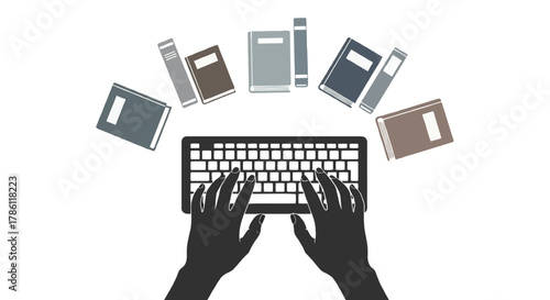 Hands typing on a keyboard with books floating around symbolizing learning writing and knowledge creation
