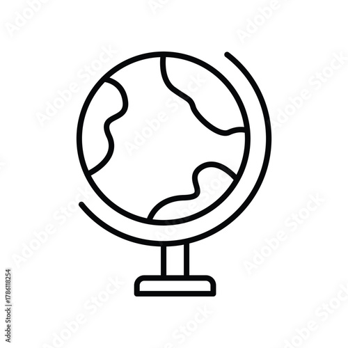 A black and white line drawing depicts a globe on a stand The globe shows landmasses and the stand is a short rectangular base with a vertical support