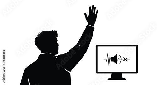 Silhouette of a man raising his hand next to a computer screen displaying a muted speaker icon and sound wave