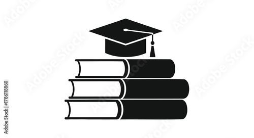Graduation cap resting on a stack of three books representing education and knowledge acquisition