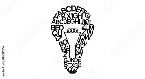 A conceptual illustration of a light bulb formed entirely from black letters and alphabets on a white background representing ideas and knowledge