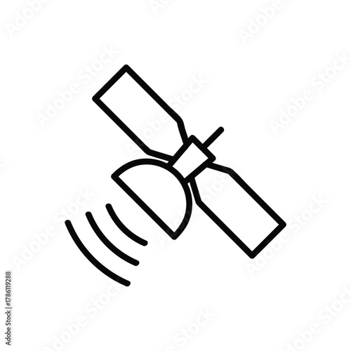 A black and white satellite illustration on a white background with radiating signal lines