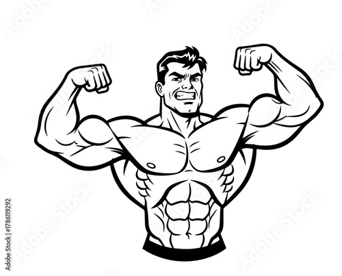 A powerful black and white vector illustration of a muscular bodybuilder gritting his teeth while striking an impressive double biceps pose