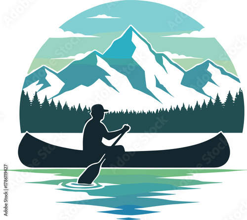 Canoe paddling icon vector—stylized outdoor scene with mountains, pine trees, and water reflection for nature and adventure visuals