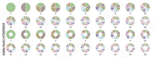Circle pie chart diagram. Pie chart color icons. Colorful diagram collection with 1, 2, 3, 4, 5, 6, 7, 8, 9, 10, 11, 12, 13, 14, 15, 16, 17, 18, 19, 20 segment infographic pie chart icons