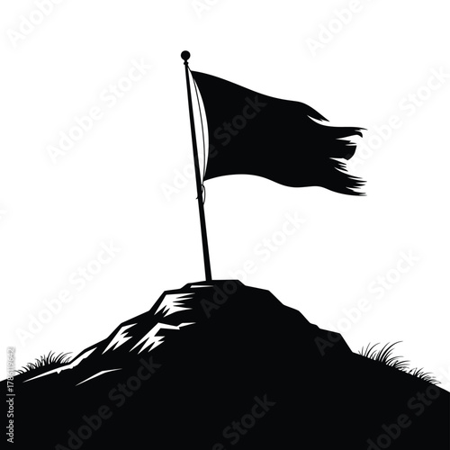 Tattered black flag waving on a mountain peak silhouette