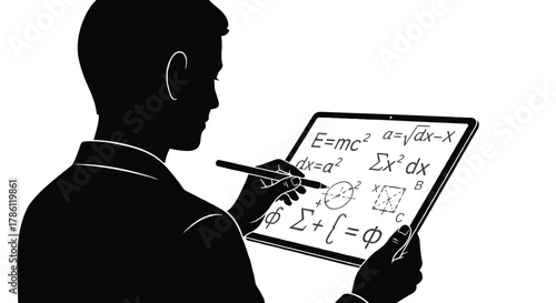 Silhouette of a person using a stylus on a tablet displaying complex mathematical formulas and geometric shapes on a white background