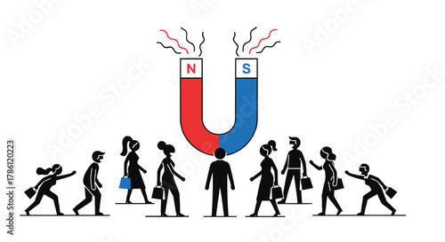 Large horseshoe magnet attracting a diverse group of stylized people towards its center symbolizing attraction and influence