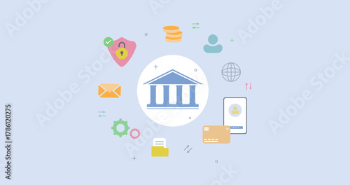 Online banking security system with shield, coins, and user account concept vector 