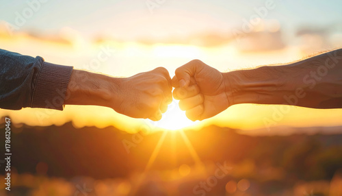 Wallpaper Mural Fist bump teamwork connection unity support partnership success sunrise friendship motivation Two hands meet fist bump sunrise, symbol of unity, teamwork, support, and shared success with warm Torontodigital.ca
