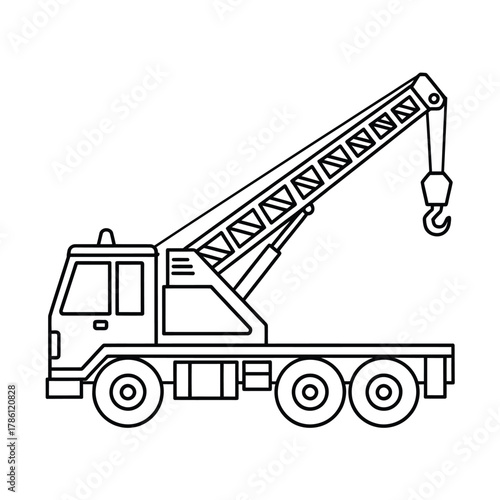 Line drawing of a mobile crane truck with extended boom and hook