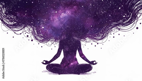 Cosmic meditation woman with galaxy mind, abstract spiritual energy, universe silhouette, mindfulness, celestial meditation art