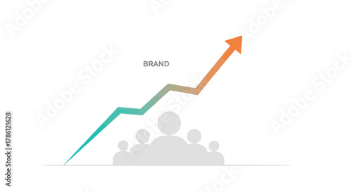 Brand growth and success represented by an upward trending graph with a team of people below