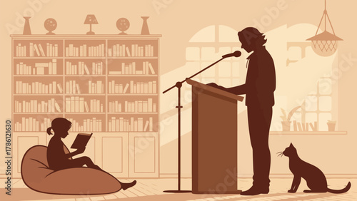 Silhouette of a person giving a speech with a girl reading and a cat in a room with a bookshelf