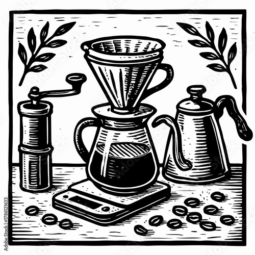 Pour Over Coffee Brewing Setup with Kettle and Dripper in Woodcut Style