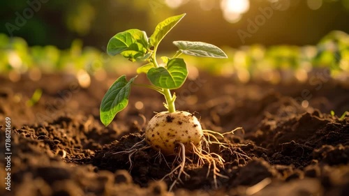 A young potato plant emerges from the soil, bathed in warm sunlight. Its green leaves contrast with the brown earth