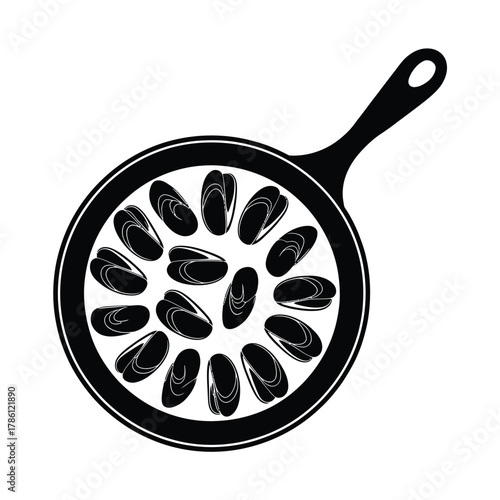 Hand drawn illustration of mussels cooking in a pan with sauce