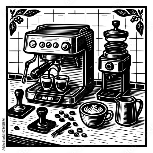 Classic Espresso Machine and Grinder Setup in Artisan Coffee Shop