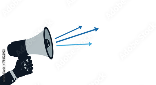 Hand holding a megaphone broadcasting messages and ideas represented by blue arrows spreading outwards