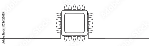 Continuous one line drawing of a computer chip or microchip. Concept of technology, electronics and data