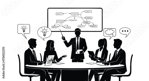 Business team brainstorming ideas and presenting a flowchart on a whiteboard during a meeting