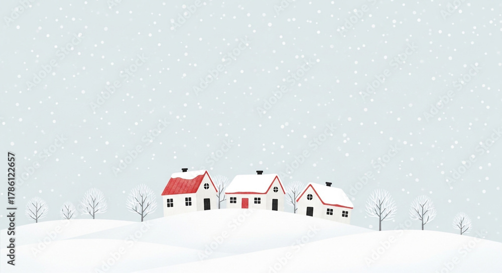Fototapeta premium Winter landscape with snow falling on houses and trees in a peaceful scene