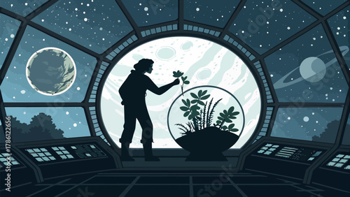 Silhouette of a person tending to plants in a spaceship with planets visible through the window at night
