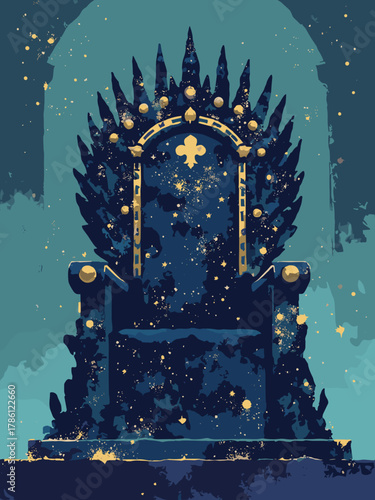 King of Spades — polished obsidian throne inset with star-map inlay and brass rivets, mirrored top and base