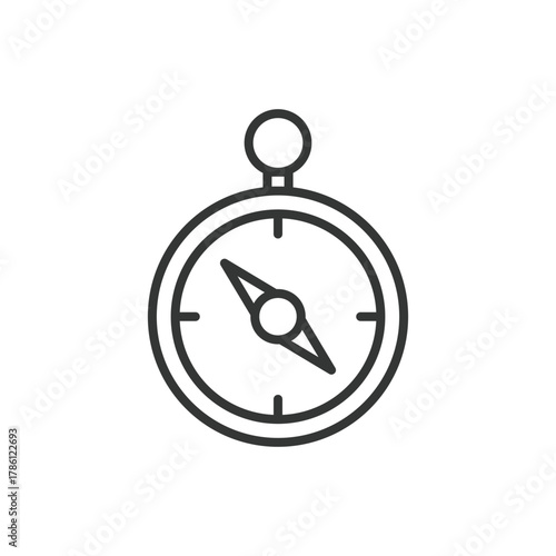 A black line drawing of a compass The compass has a circular face with a needle and a loop at the top