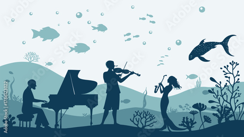 Silhouette musicians playing instruments underwater with fish and bubbles in a serene blue landscape