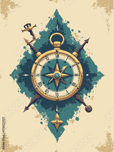 Jack of Diamonds — vintage brass scale and pocket compass crossed over a gem crest, explorer motif, patina hint