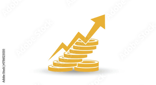 Golden coins stacked with a yellow upward trending arrow symbolizing financial growth and increasing profits