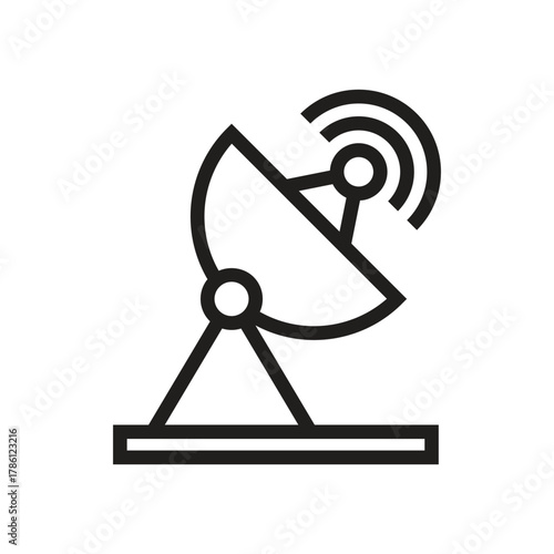 A black line drawing of a satellite dish emitting curved lines atop a rectangular base