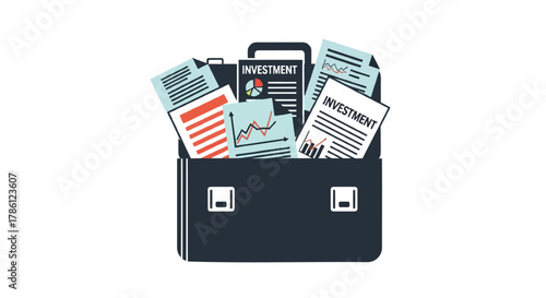 Dark blue briefcase overflowing with financial documents charts and graphs representing investment portfolio and business strategy