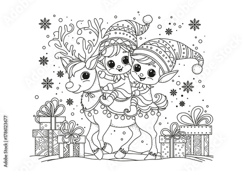 Two cute elves riding a reindeer. Christmas atmosphere. Coloring page. Black and white illustration for coloring.