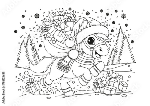 A cheerful little horse carries a sack of Christmas presents on its back. This coloring page is for children and adults. Black and white illustration for coloring.