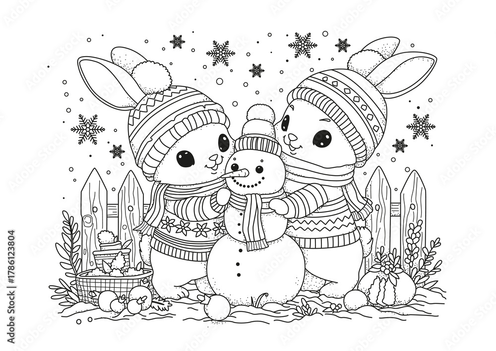 Naklejka premium Two cute bunnies in winter hats and a snowman. A coloring page with a Christmas and New Year's theme. Black and white illustration for coloring.