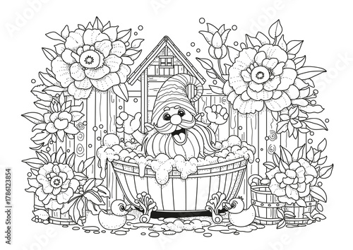 A cute gnome takes a bath, sitting against a backdrop of a fence and flowers. Adult coloring page. Black and white illustration for coloring.