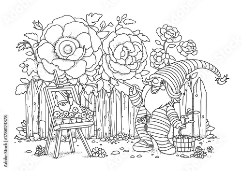 A cute gnome in pajamas and a hat is painting a picture in his garden by the fence. This coloring page is for children and adults. This black and white illustration is perfect for coloring.